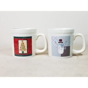Christmas Tree Snowman Coffee Mug Teacup 12oz Drinkware Paper Images x2 Vintage